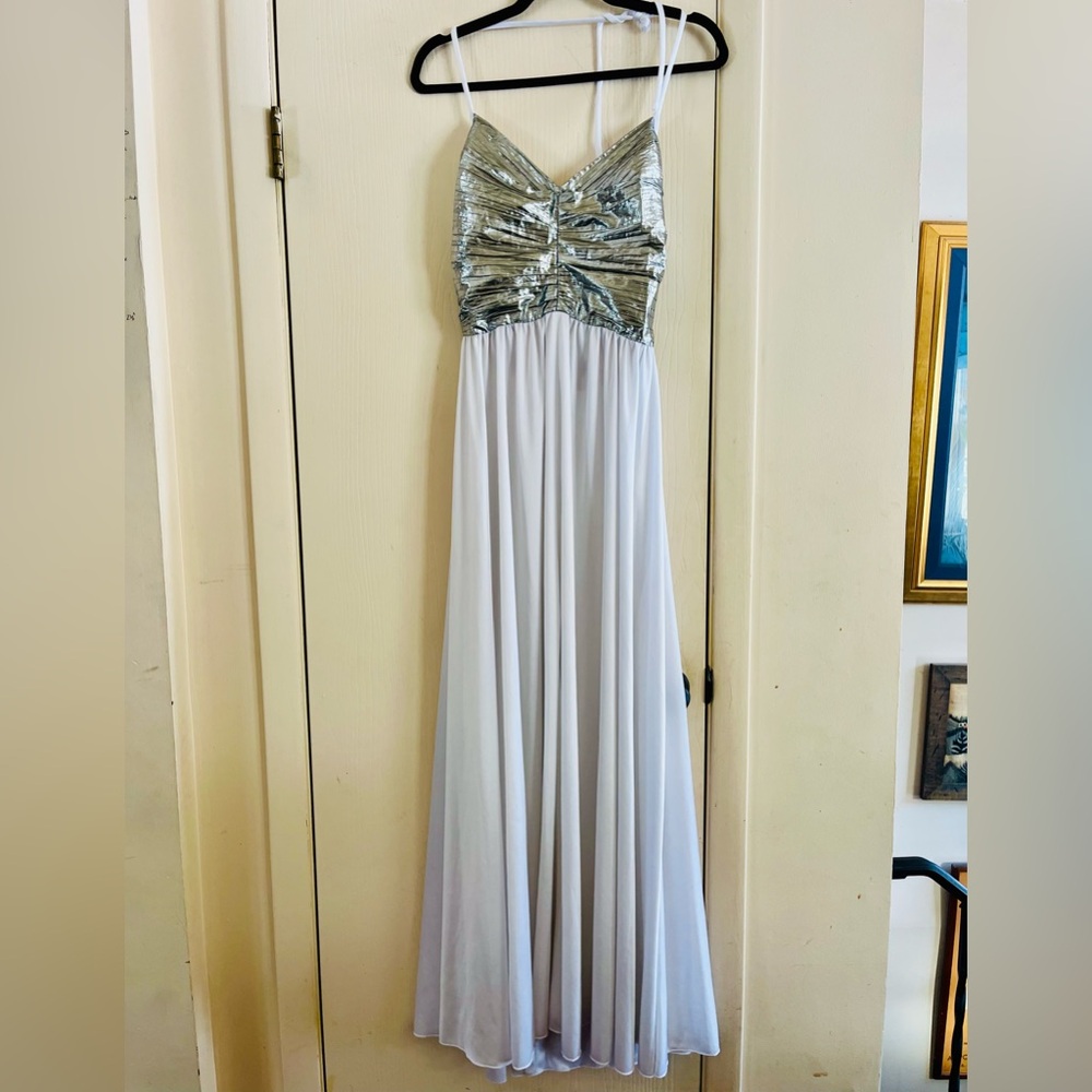VTG 70s Silver Metallic Grecian Disco Ethereal After Six Maxi Halter Dress Xs